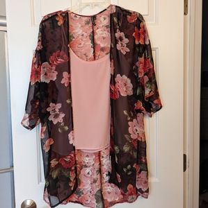 Floral kimono with pink tank top
